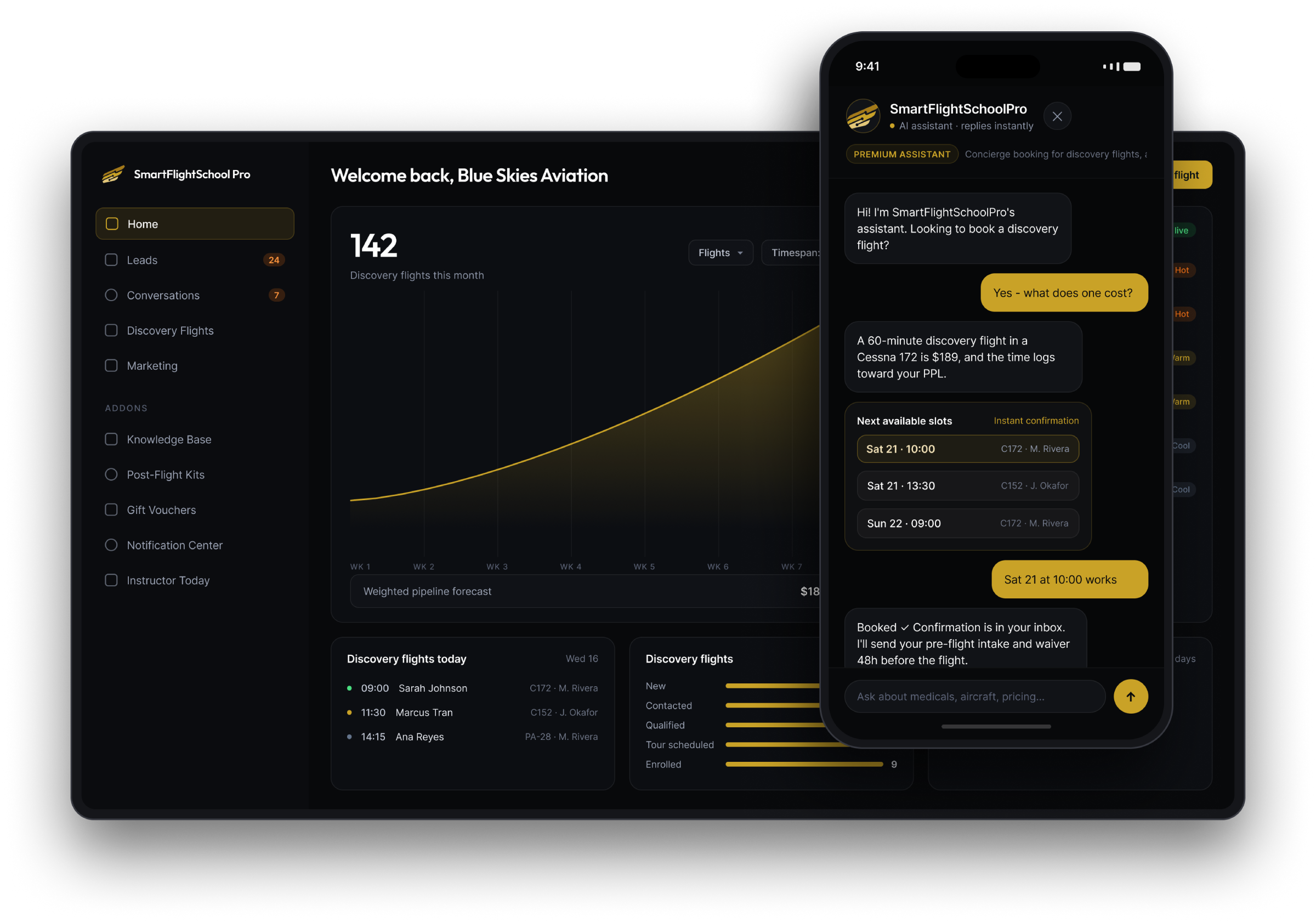 SmartFlightSchoolPro dashboard — pipeline, chatbot, bookings and analytics in one view