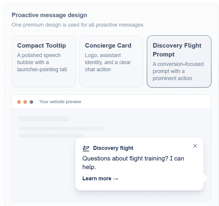 Proactive message design — three styles (compact tooltip, concierge card, discovery flight prompt), with the discovery flight prompt previewed over a website.