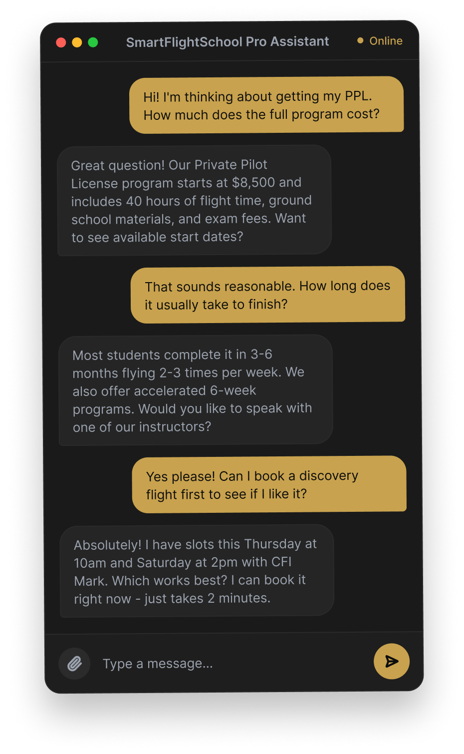 SmartFlightSchoolPro AI Chatbot widget