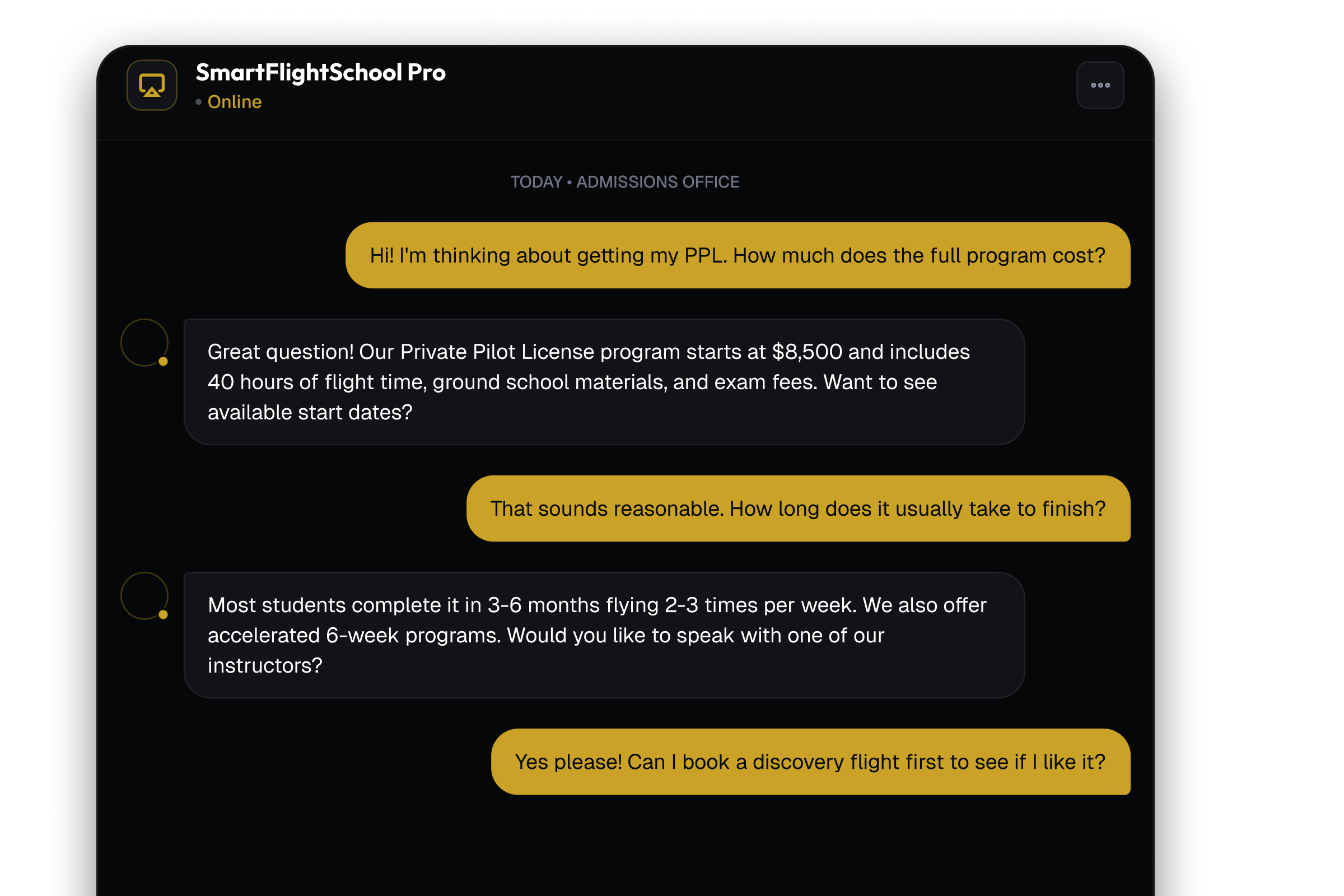 SmartFlightSchoolPro AI chatbot widget running live on a flight school website